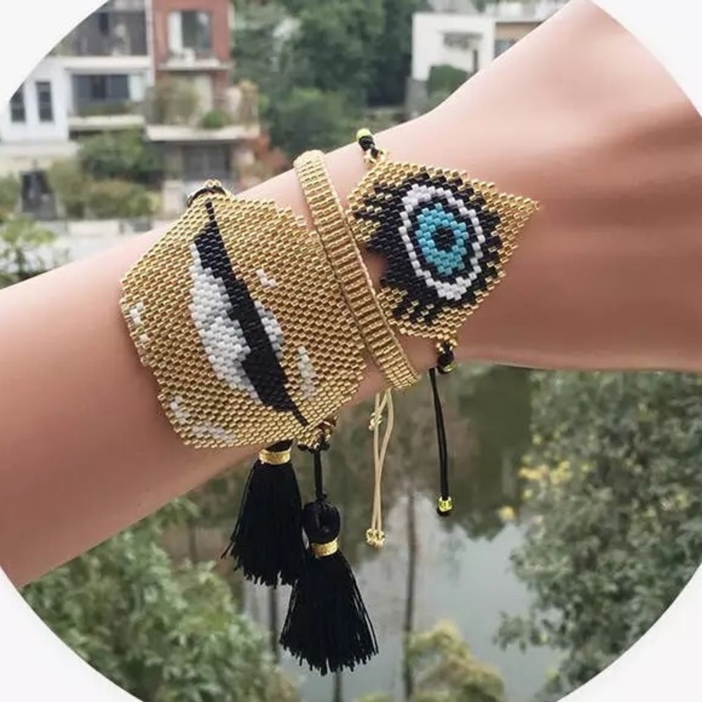 Evil Eye Beaded Bracelet Set Hamsa Tassel Jewelry